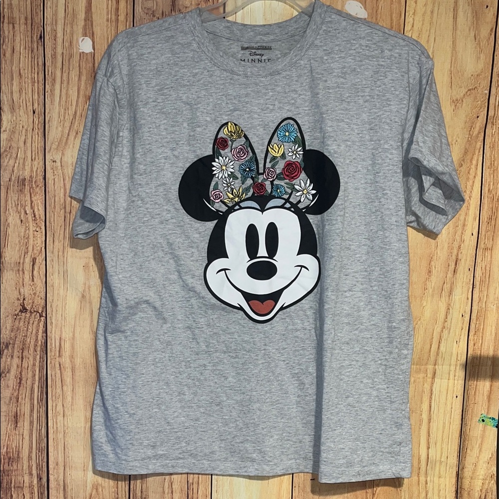 Disney Minnie Mouse Embroidered Floral Gray T-Shirt Size XL Like New